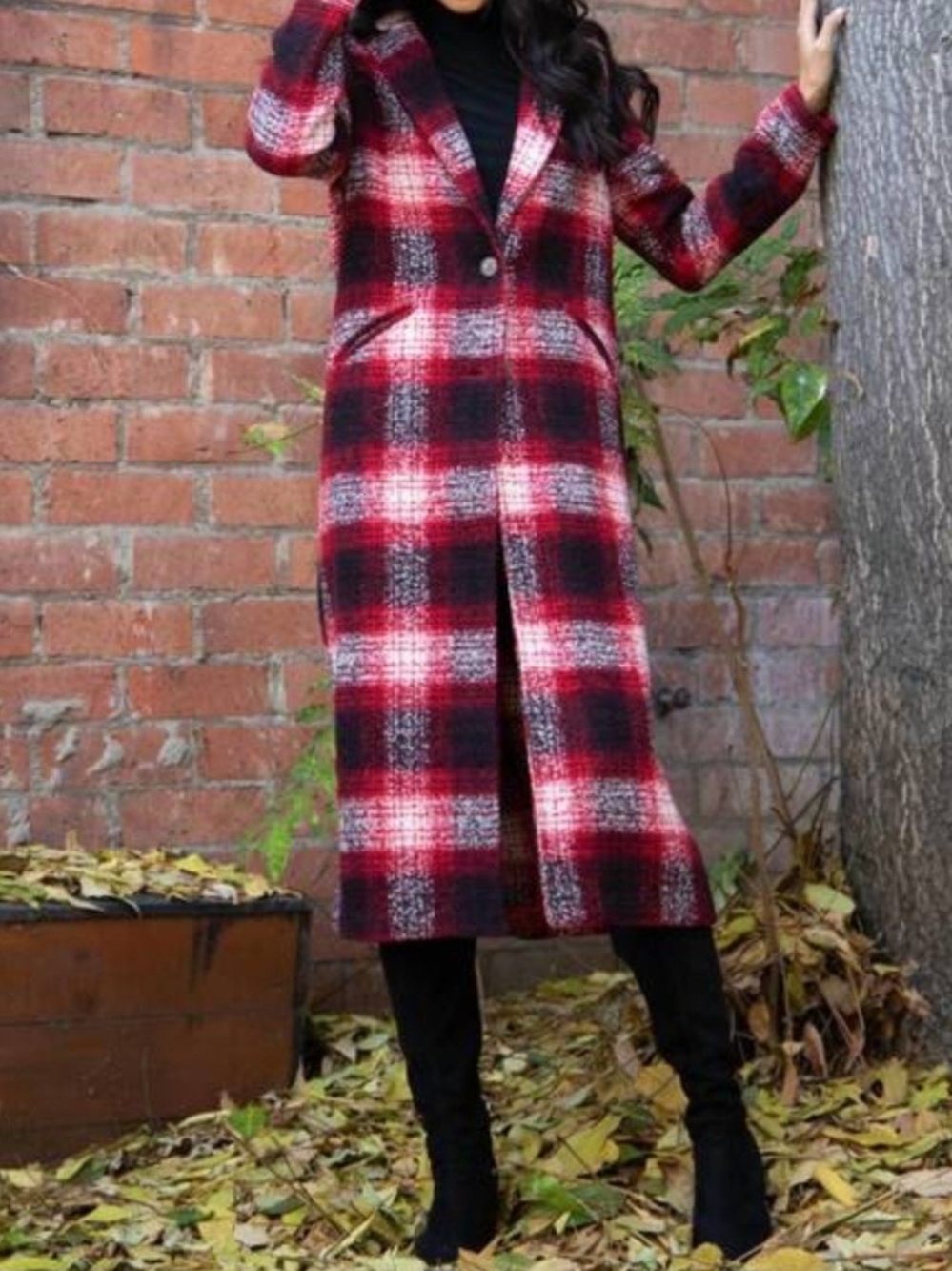 Eva Franco Red Black Plaid Longline Wool Blend Coat Varsity Tartan Size Small
